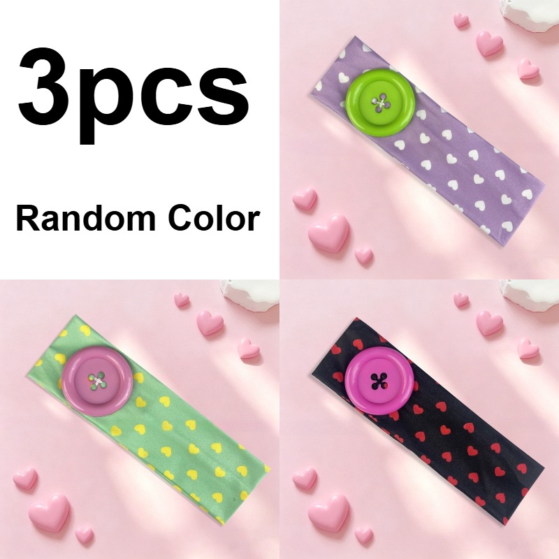 TEMU Ensemble de 3 bandeaux élastiques à grandes boutons de cœur, accessoires de cheveux polyvalents pour femmes (couleurs aléatoires)