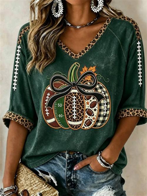 pumpkin football leopard bow print women v neck three quarter rolled cuff sleeve loose graphic tee for fall thanksgiving season daily weekend casual outfit wear