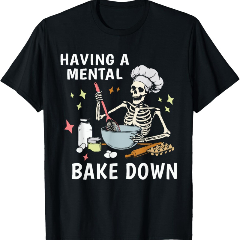 

Mature Skeleton Baker Cotton T-shirt, Crew Neck, Short Sleeve, Medium Stretch, Geometric Pattern, Regular Fit, Knit Fabric, 100% Cotton Lining, With Print For , Daily Casual Wear