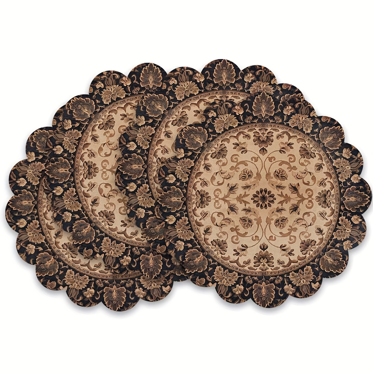 TEMU 4pcs Elegant Scalloped Floral Mandala Placemat Set- Washable Linen Table Mats With Intricate Brown And Beige Patterns, Perfect For Seasonal