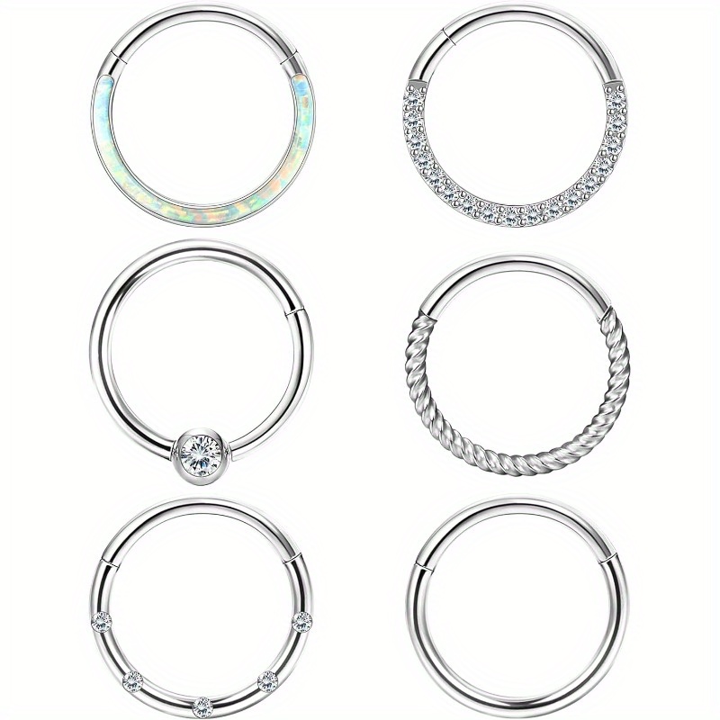 Image of 6pcs 16g 18g Septum Rings For Women | Surgical Steel Clicker, Hinged, Hoops | 8/12mm Hypoallergenic Nose Lip Ear Body Piercing Jewelry
