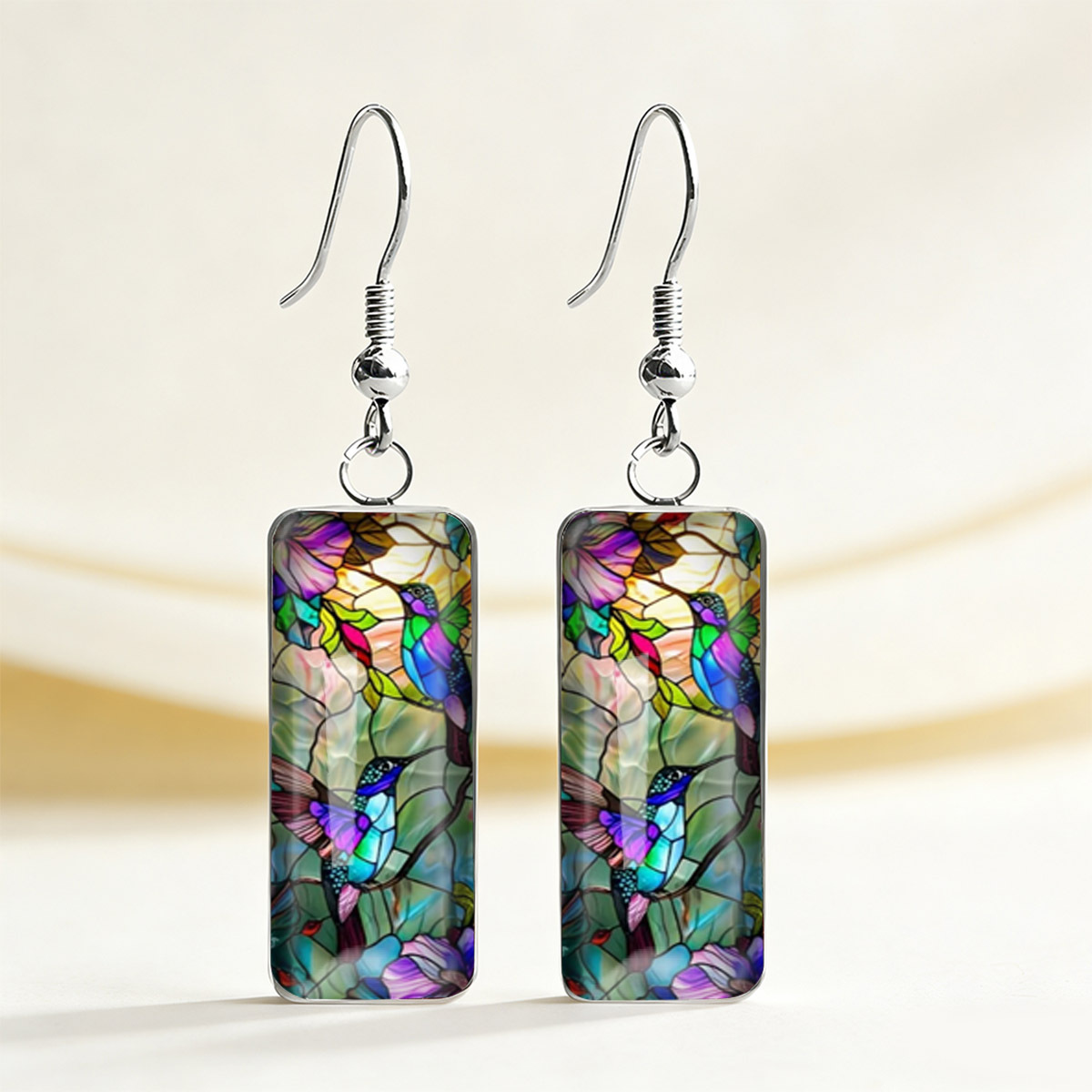 TEMU 1 Paire de Boucles d'Oreilles Rectangulaires Longues Pendantes Vintage Artistiques à Imprimé Floral Vitrail Frais