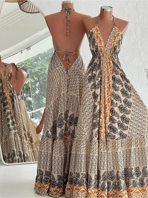 digital printing positioning flower backless dress