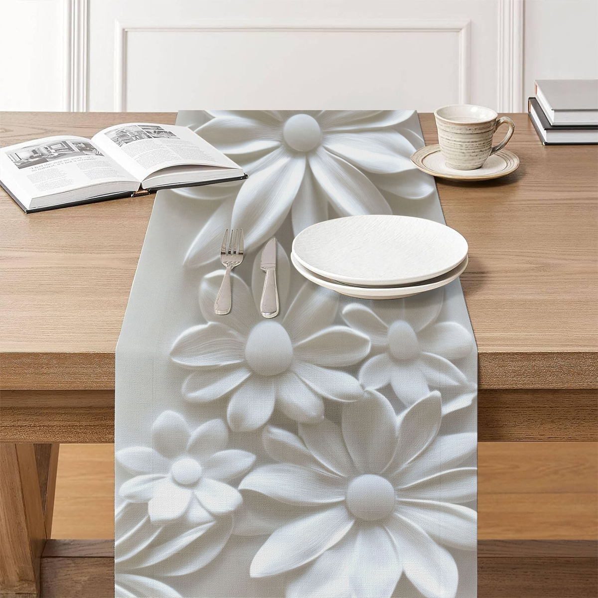 

1pc Elegant White Floral Table Runner - 100% Polyester, Woven, Rectangular, 3d , Ideal For & Dining Decor, Classic Artistic Settings, , Tabletop Decoration