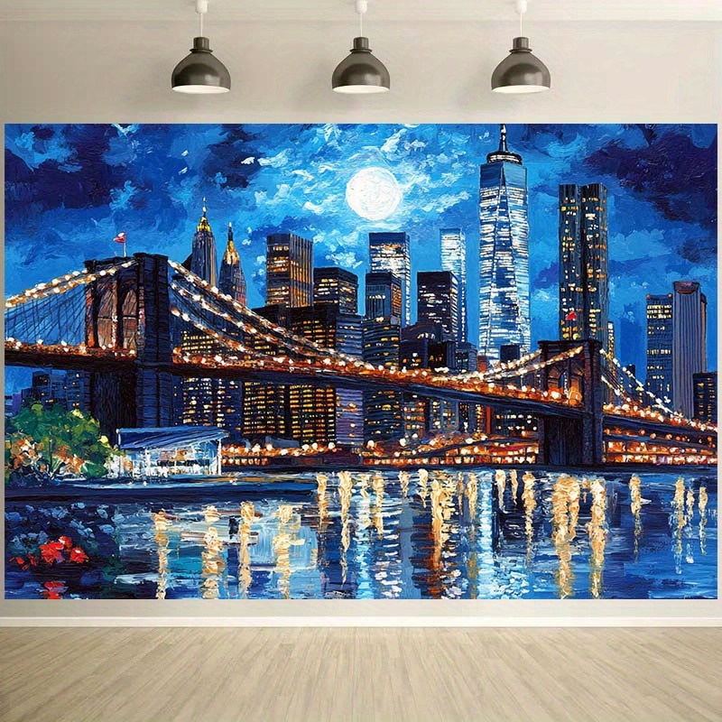 Tapeçaria skyline nova iorque ponte iluminada lua cheia_voghion.com