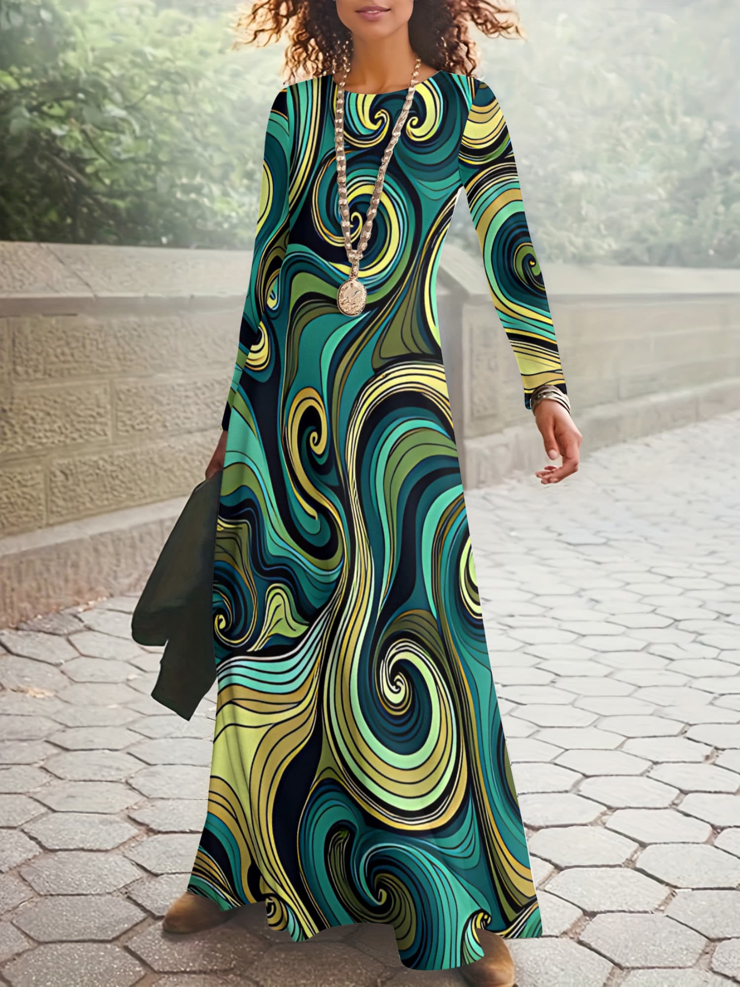 ' Bohemian Vintage Full-Body Spiral print Maxi Dress - Long Sleeve Round  Neck Loose Fit Latin Special Dress with A-Line, Machine Washable  Fall/Winter Wedding Guest Gown