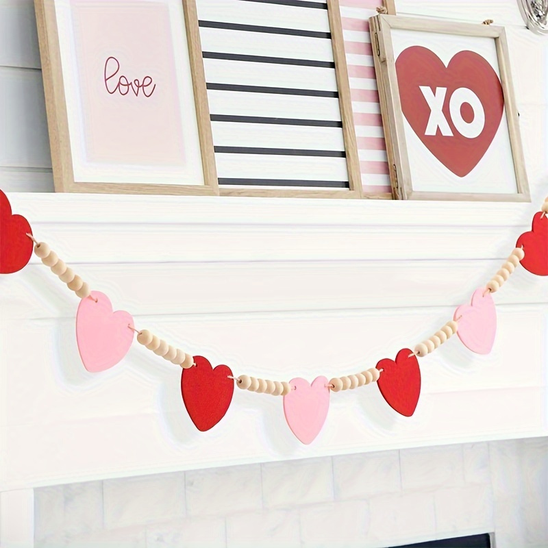 

Day Decoration-pink Colored Felt Heart-shaped Wooden Bead Garland For Day Decoration-farm Felt Banner For Fireplace Wall