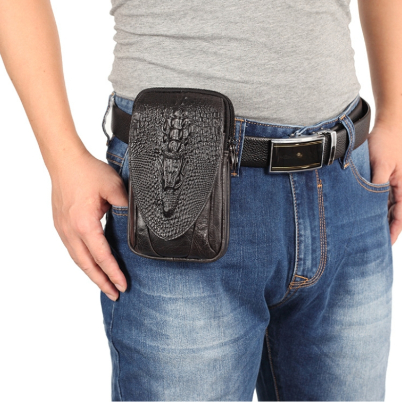 Image of Men's Crocodile Embossed Genuine Leather Belt Phone Waist Bag, Double Zipper Multi-compartment Belt Holster With Belt Loop, Suitable For Construction Work, Outdoor Hiking And Daily Portable Storage