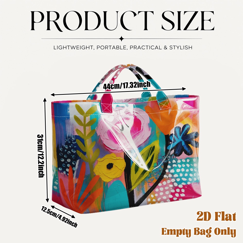 TEMU (2d Flat) 1pc Colorful Floral Artwork Pvc Travel Tote Bag, Spacious Design, Elegant, Daily Purchase Handbag, Gift For , Outdoor Activities And