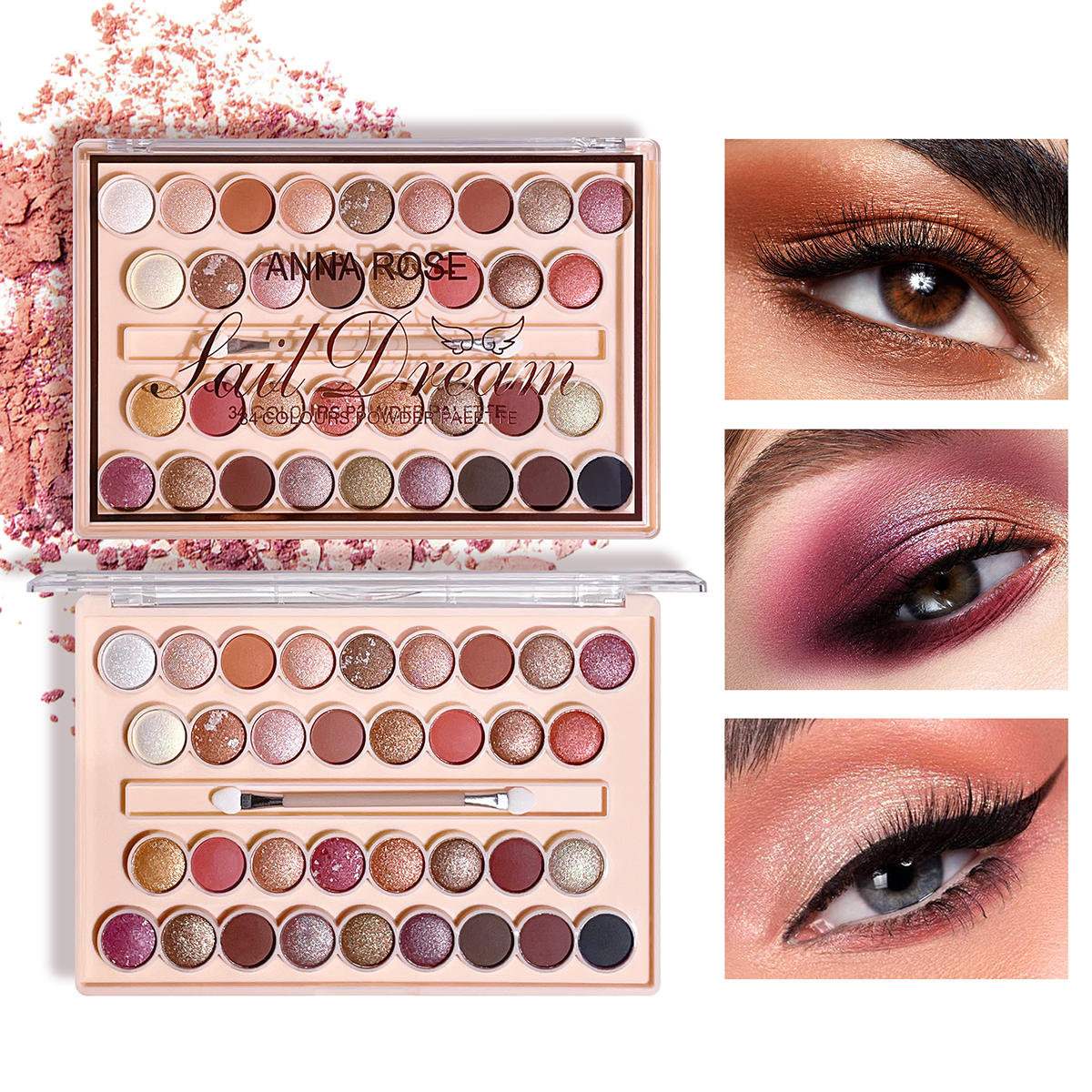 Image of 2 Pack 34 Shades Eyeshadow Palette With Makeup Brush, Matte, Shimmer& Glitter, High Pigmentation, Waterproof& Sweat Resistant, Must-have Cosmetic For Halloween, Christmas& Music Festival