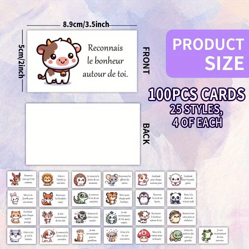 TEMU Ensemble de 100 cartes avec des citations de gratitude adorables sur le thème des animaux français, avec 25 distincts, idéal pour , , les
