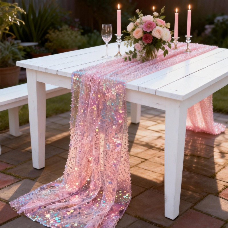 TEMU Premium Textured Iridescent Pink Sequin Table Runner With 4 Self-adhesive Strips, Featuring Shimmering Dotted Sequins. Ideal For Birthday And