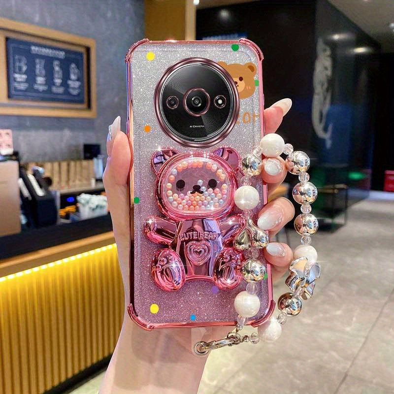 TEMU Luxury Cute Bear Phone Holder Case With Wrist Strap Lanyard, Featuring Magnetic Glitter, Designed For Xiaomi Redmi A3, Providing Anti-knock And