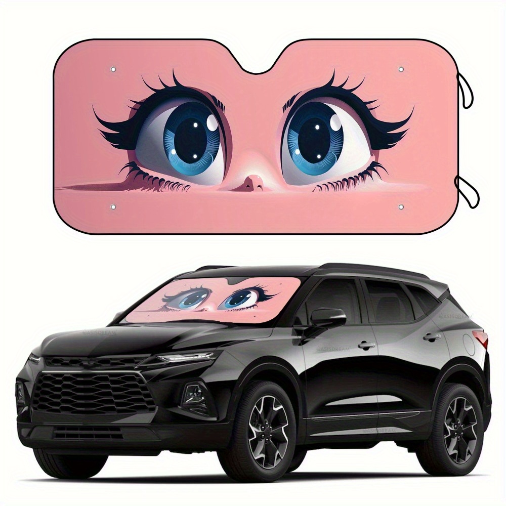 TEMU 1pc Automatic Sunshade With Uv Protection, Cute Eyes Design For Rv/suv Windshield, Includes Suction Cups, Foldable For