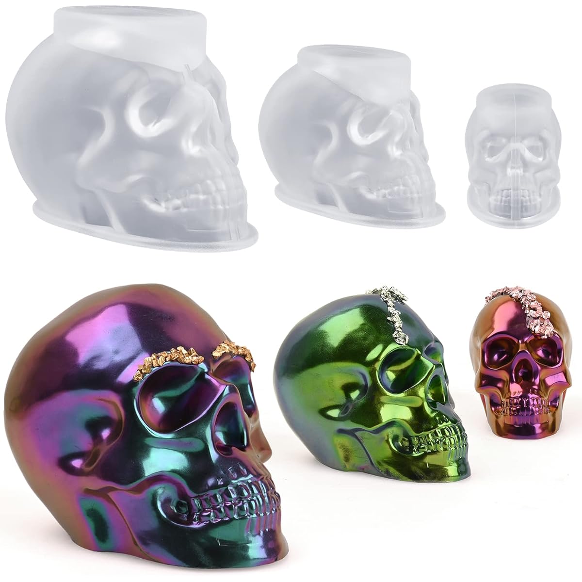 TEMU Moule en résine crâne 3D en trois tailles Grand/Moyen/Petit - Moule en silicone style gothique, adapté à la résine époxy/cire/savon/béton/ -