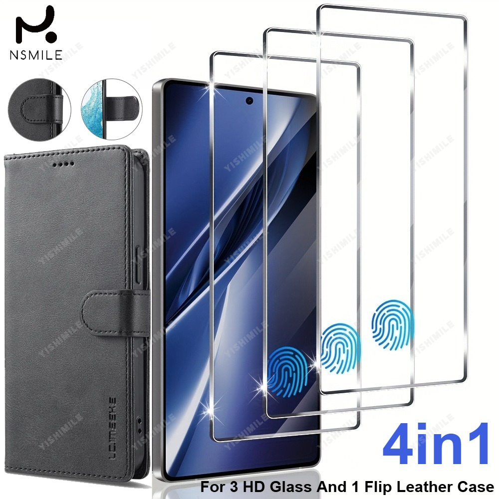 TEMU 3pcs Screen Protector With 1pc Flip Leather Case With Wallet Cover, , 9h Hardness, Fingerprint Support, No Bubbles, Suitable For For Galaxy S22