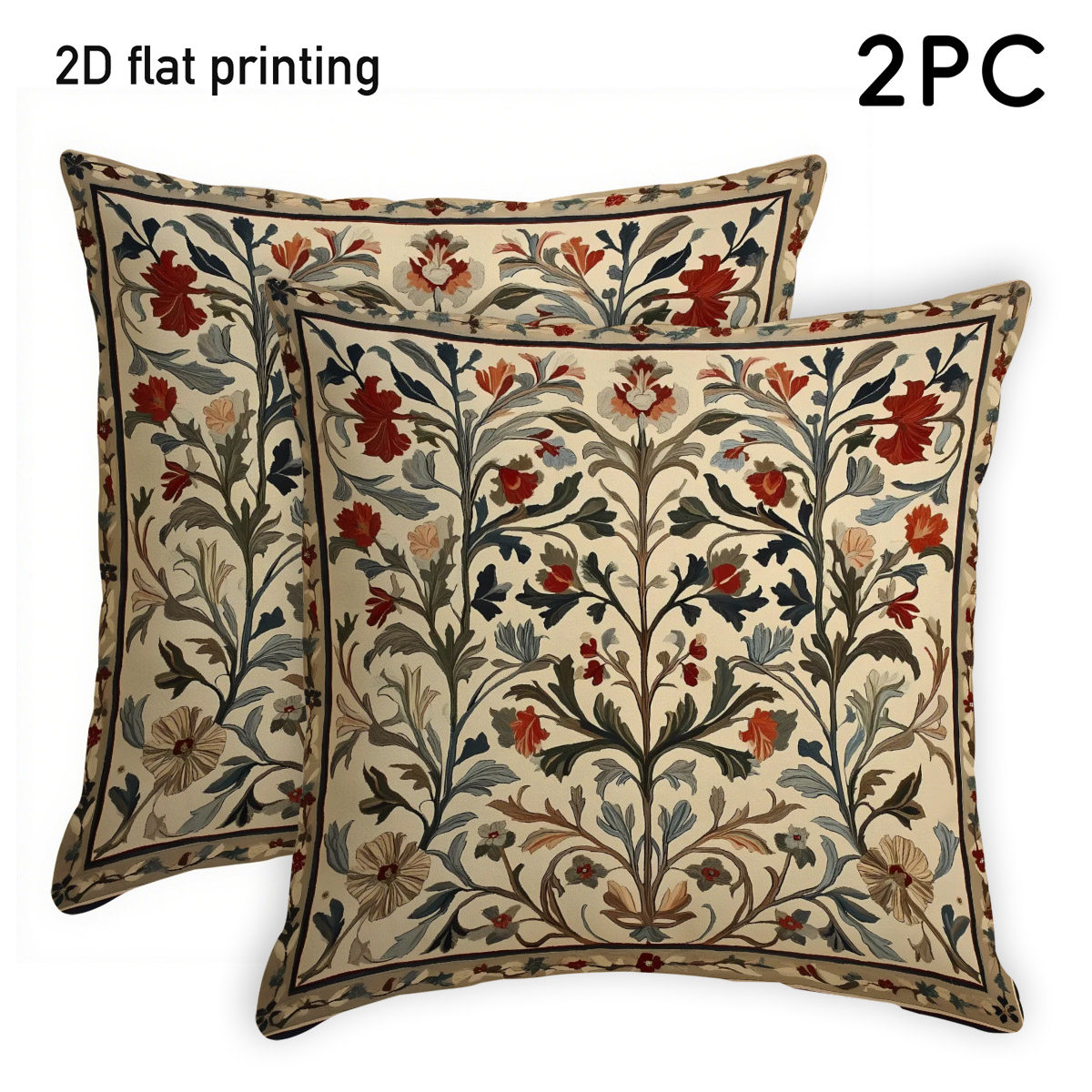 TEMU Housses de coussin 2D plates - 2 pièces Rétro Rouge Torsadé Floral Fond Beige Blanc Impression Complète Rouges Bleues Décor du du Siècle