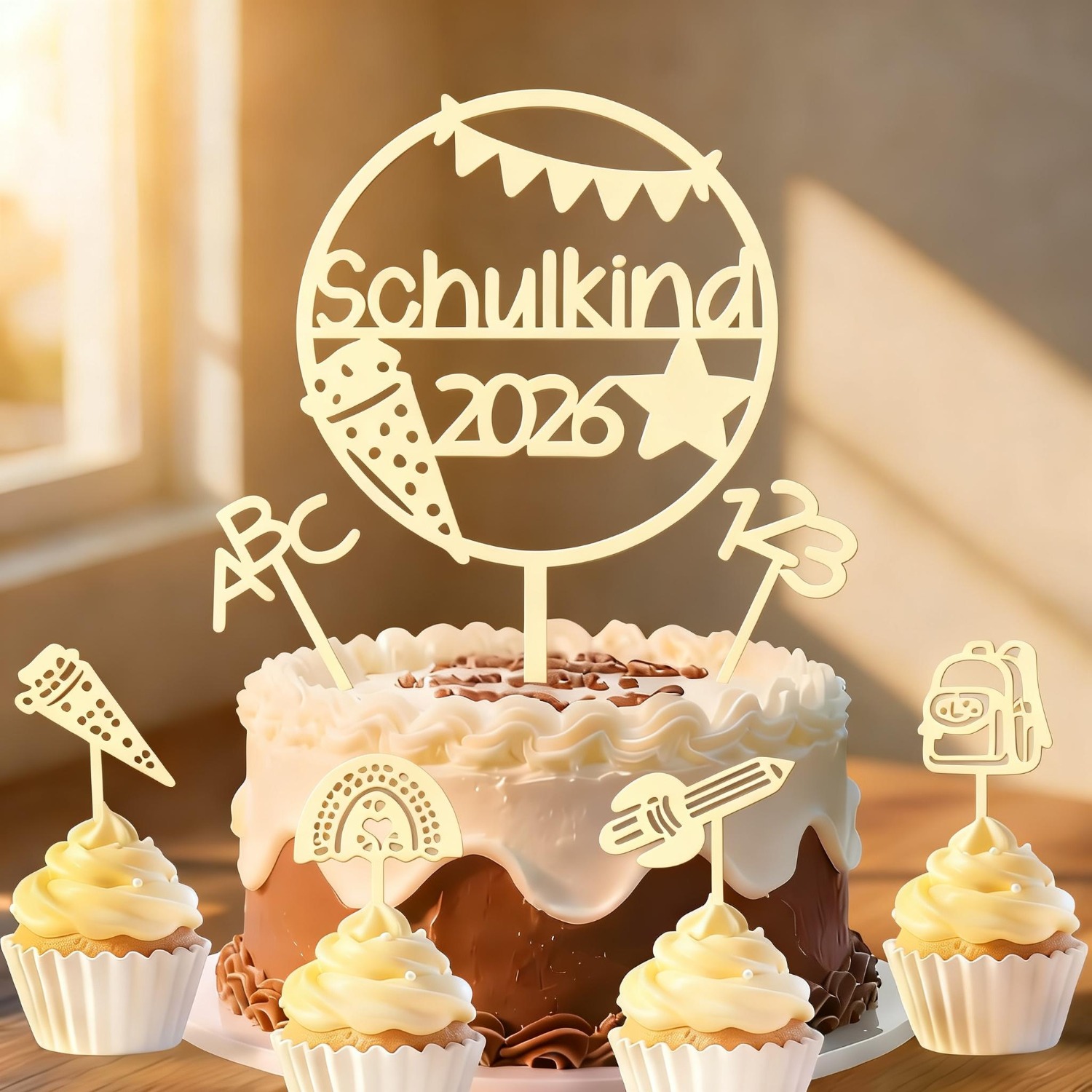 Image of 1set Wooden Schulkind 2026 Cake Topper Set, 7pcs Wooden School Cake Decor With Backpack Rainbow Rocket Ice Cream, German Einschulung Party Supplies For Kids, Table Centerpiece No Batteries Required