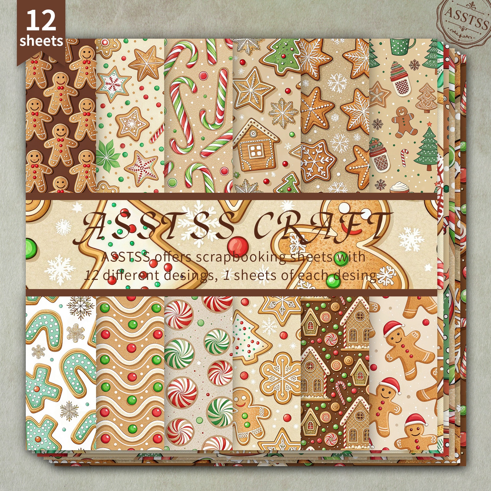TEMU 12-sheet Asstss 6x6 Inch Scrapbooking Paper Pad, Christmas Vintage Gingerbread Man Candy Cane Gingerbread House Style Backing Paper Supplies,
