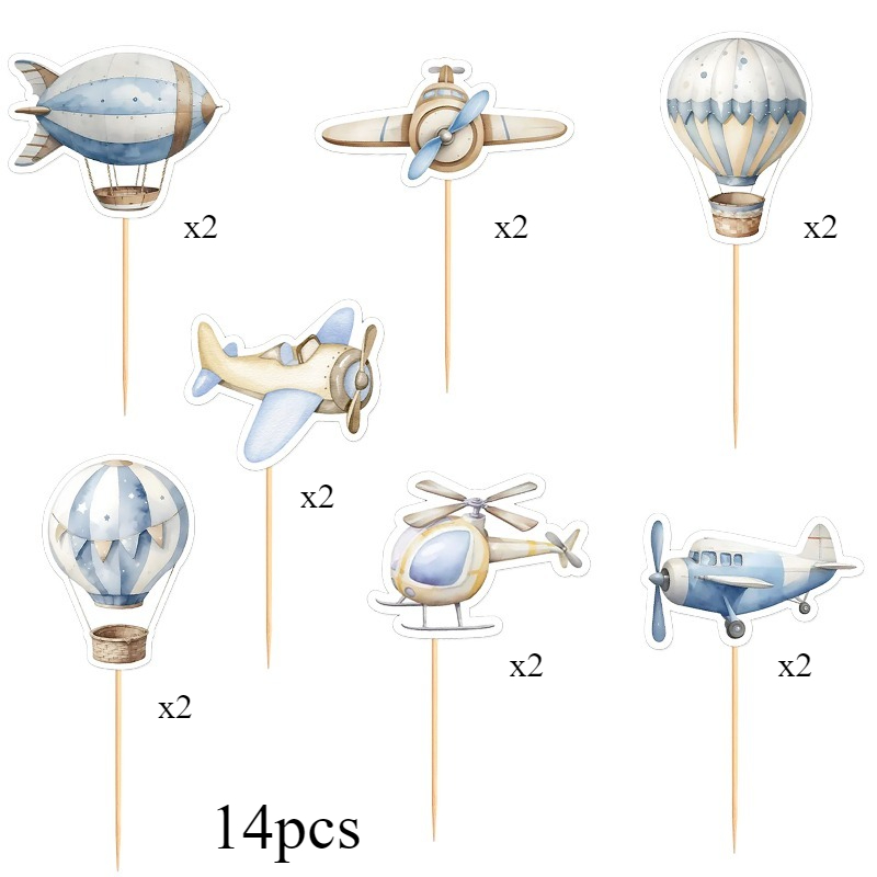 Image of 14pcs, Cartoon Plane Hot Air Balloon Birthday Cake Plug, Marriage Proposal Honeymoon Travel Theme Party Decoration Plug
