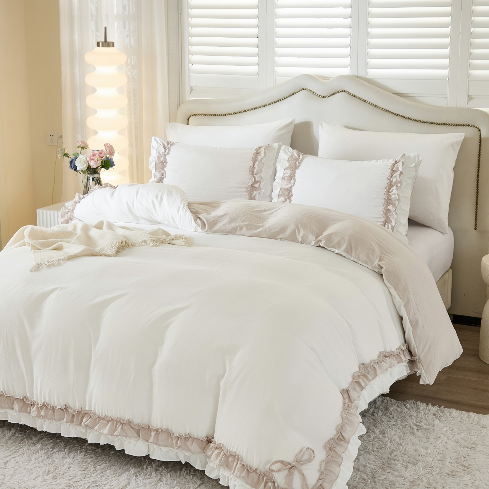 TEMU 3pcss White Solid Double Bow Ruffle Duvet Cover Set, Two-corner Beige/pink Bow Tie Bedding 3pcs Set, Synthetic Polyester Bedding, Duvet Cover