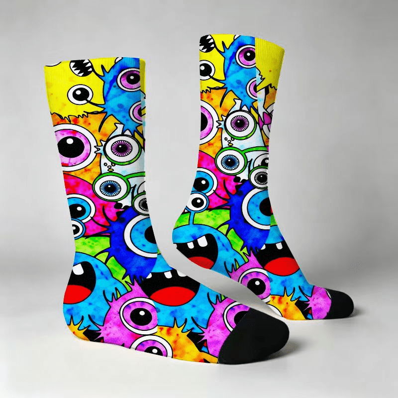 TEMU Whimsical Knee High Socks, Vibrant Colorful Cartoon Characters With Big Eyes And Spiky Heads, Green Purple Design On Yellow Background, Fun