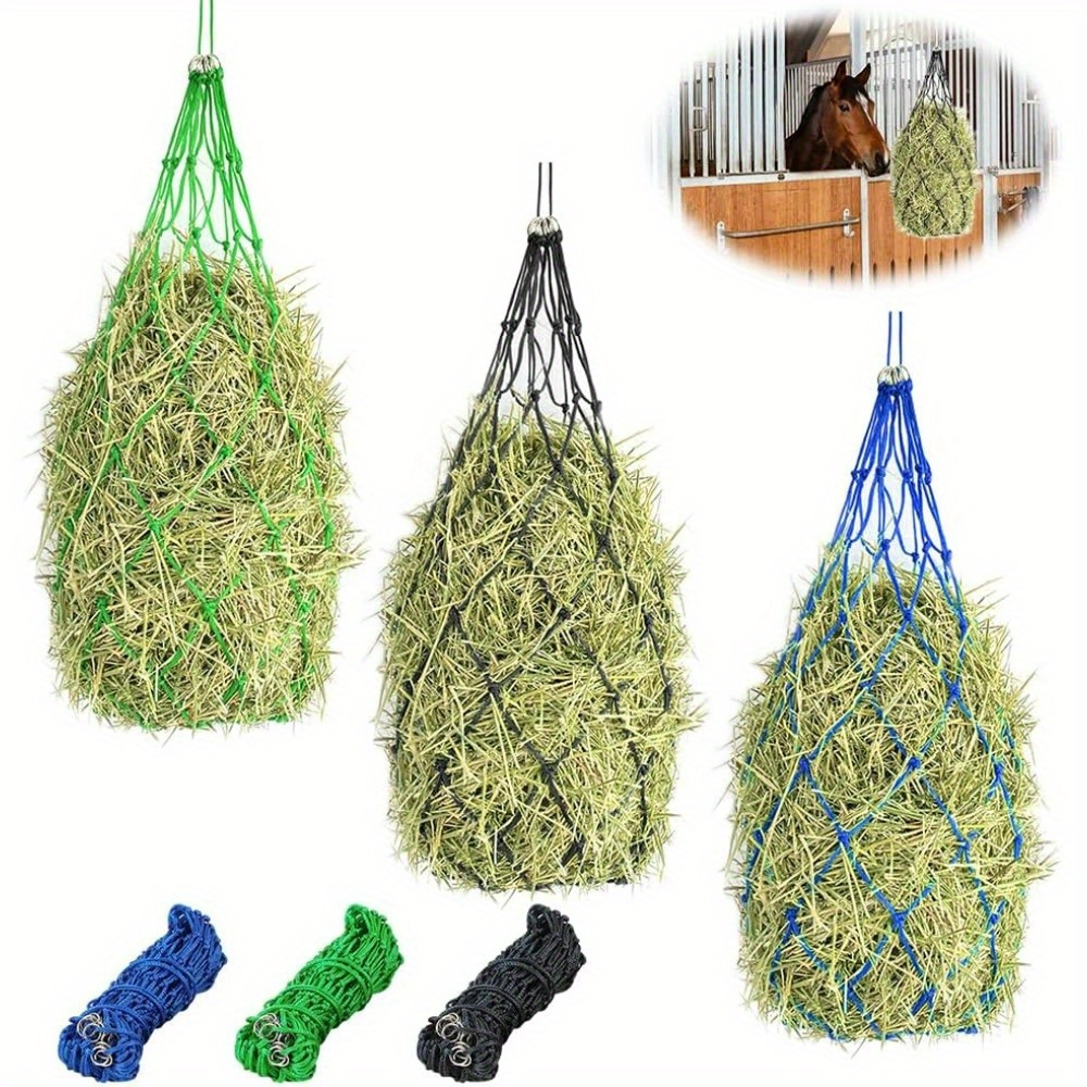 E-shop 3er-Set Langlebige Pferdeheu-Netzbeutel mit Kompasshaken, Tragfähigkeit von 220.5lb, PE-Material, Grün/Blau/Schwarz, Einfache Aufbewahrung,