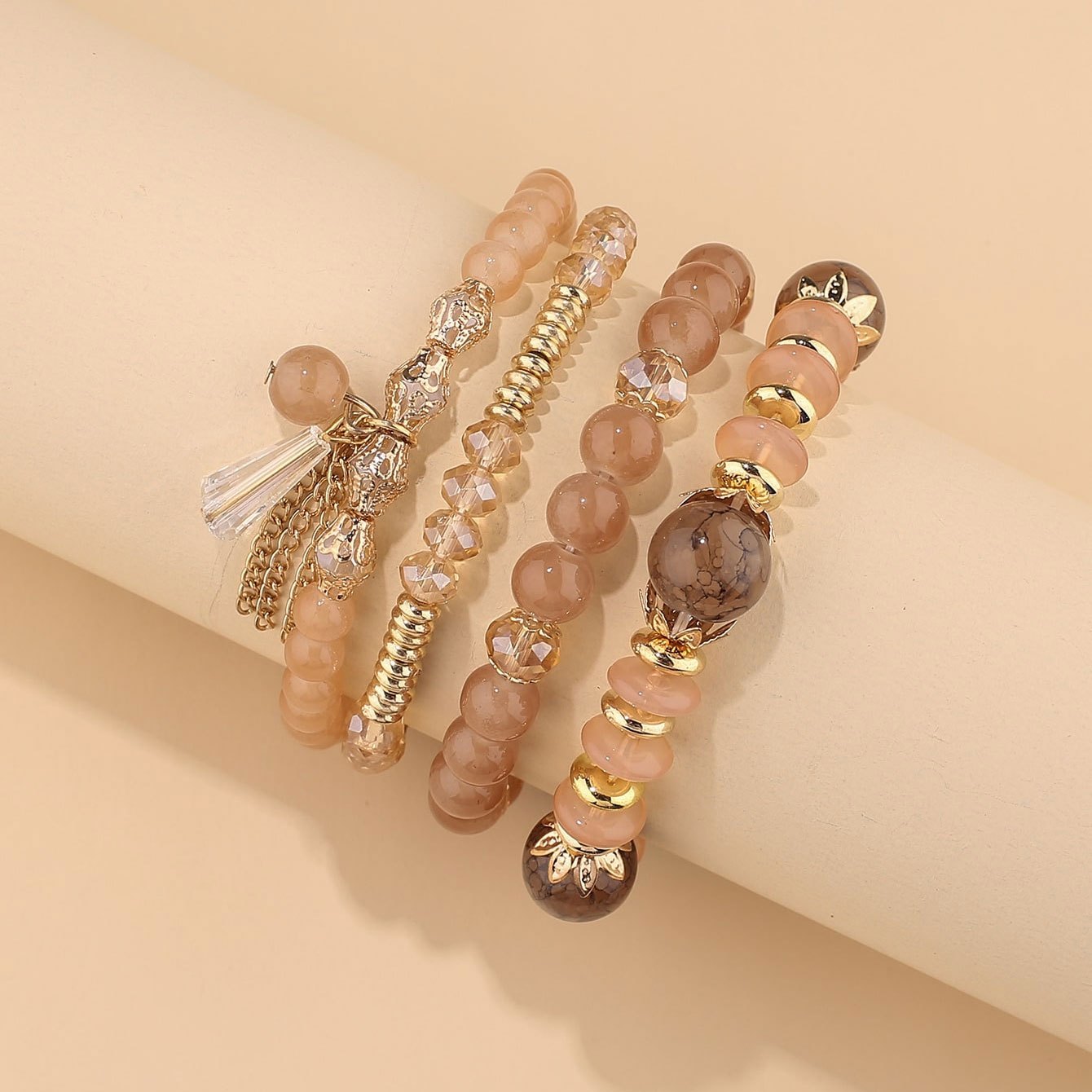 TEMU A Set Of 4 Retro Glass Bead Bracelets For Men And Women, Featuring Bohemian-style Unique Shiny Elastic Stacking Additions, Wear, Vacation