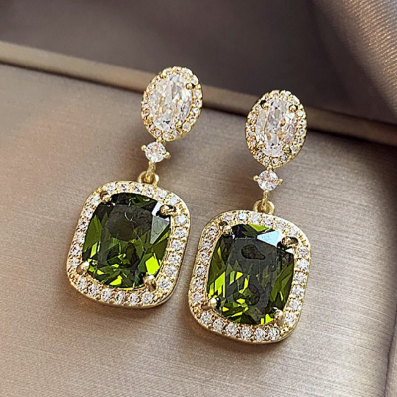 TEMU Cuy Women' Plated Retro Luxury Olive Green Synthetic Zirconia Earrings - April Birthstone Pendant Suitable For Weddings, Parties, Banquets,