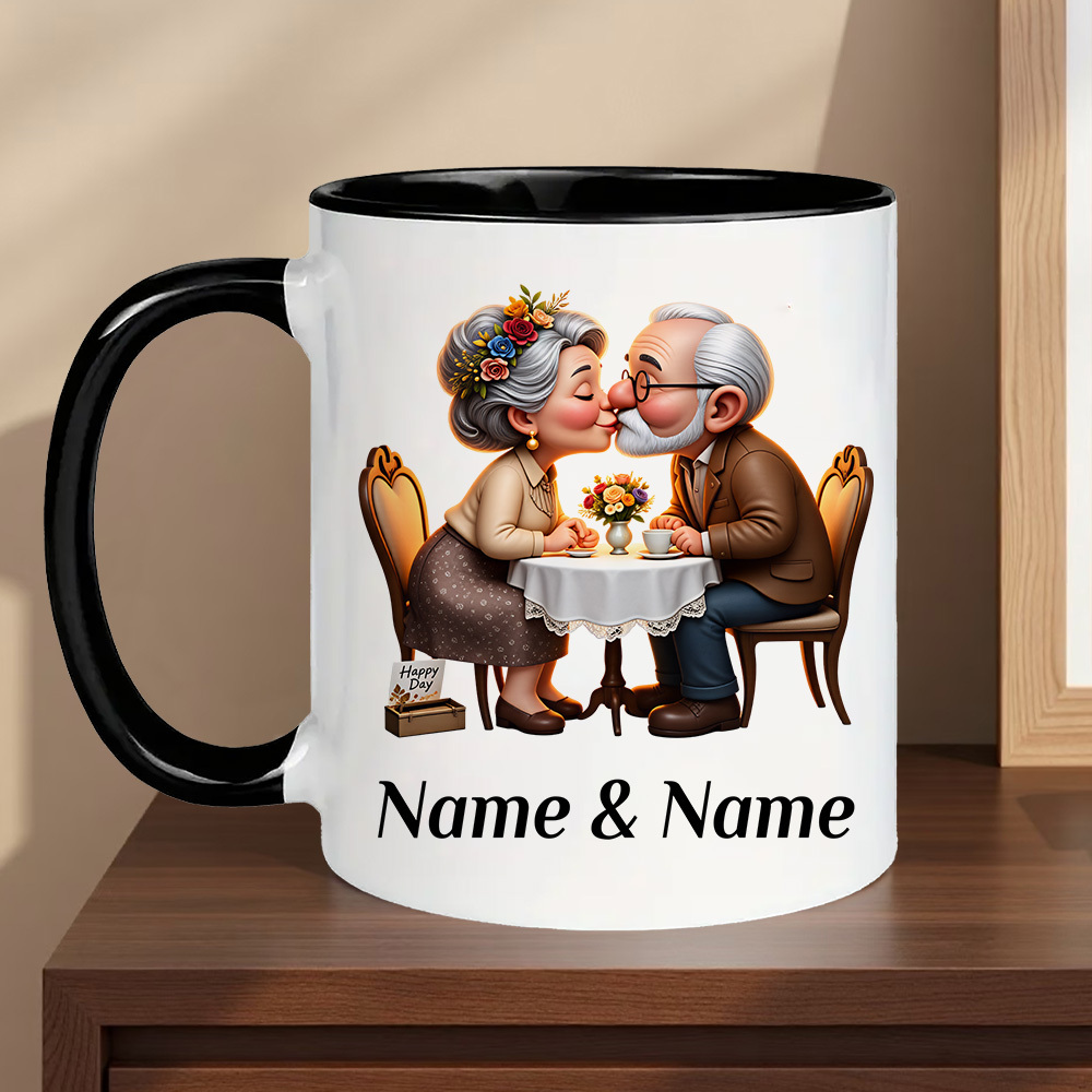 TEMU [customizable Name] Anniversary Love Gift 1pc 11oz Inner Color Ceramic Mug Elderly Couple Romantic Dinner Cartoon Design | Reusable Coffee Cup