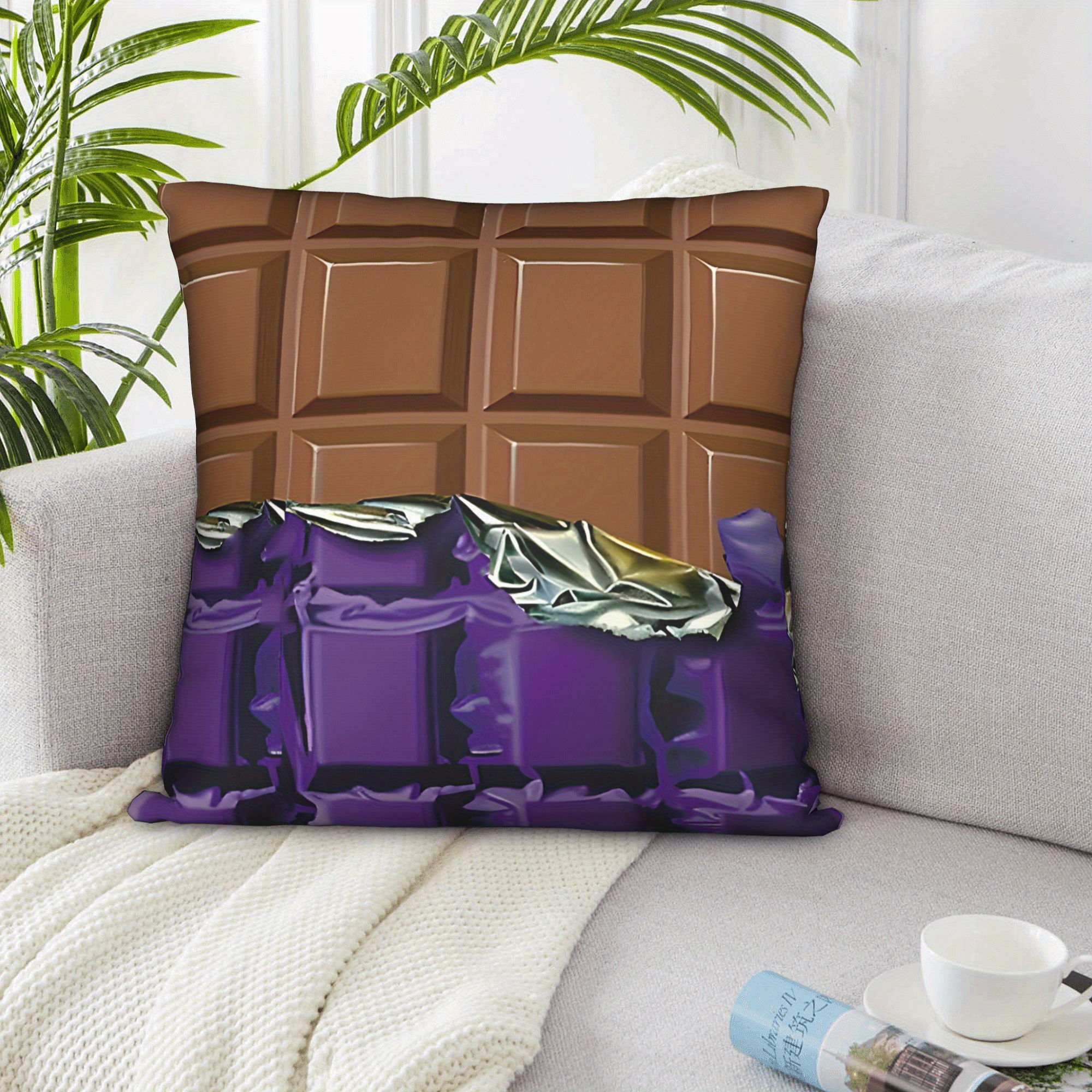 TEMU 1pc Chocolate-themed Decorative Pillow Cover - Soft Polyester Short Pile With Realistic Milk Chocolate Bar Design, 17.7x17.7 Inch Square, Zipper