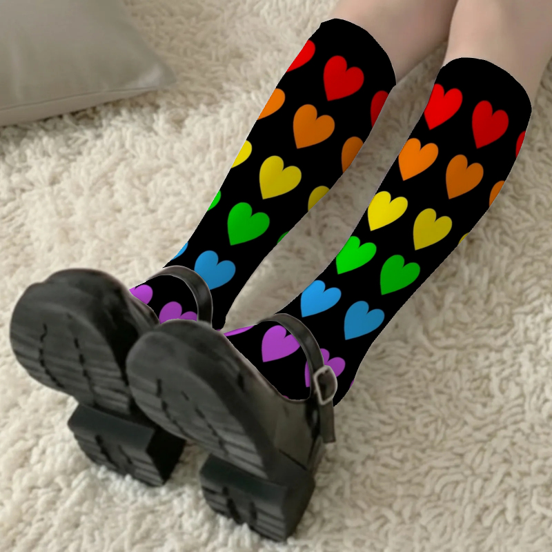 TEMU 1 Pair Of Women's Calf Socks With Colorful Heart Patterns, Featuring A Vibrant And Design. Sexy,, Thin Socks Are Versatile For Streetwear And