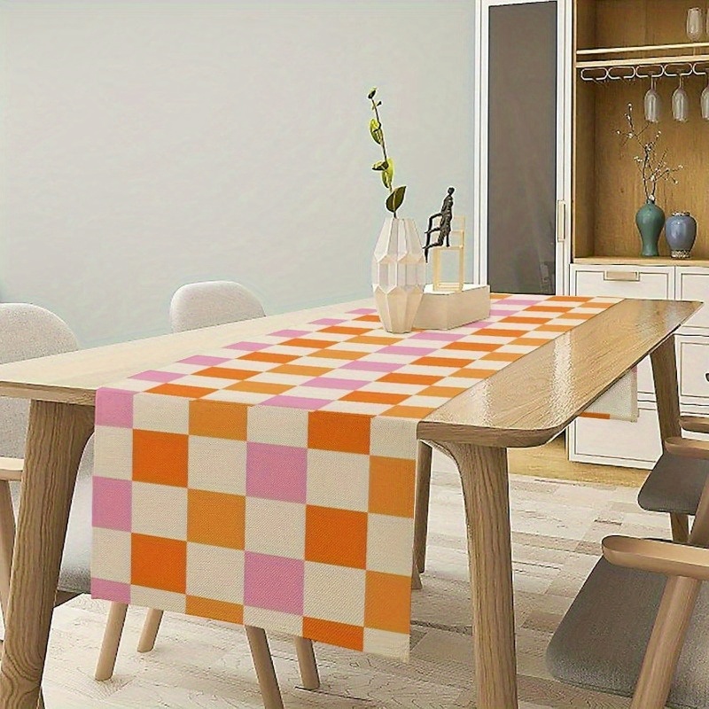 TEMU 1pc Vintage Geometric Checkered Table Runner, Linen Woven Rectangular Tabletop Decoration For Dining Room, Kitchen, Party, Festival, Farmhouse