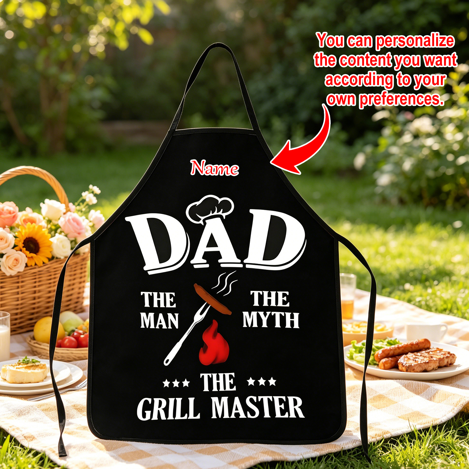 1pc Personalized Custom Dad The For Man The Printed Apron | Polyester Kitchen & Grilling Work Apron | 2d Printed Father's Day Gift Bbq Apron, 2d Flat