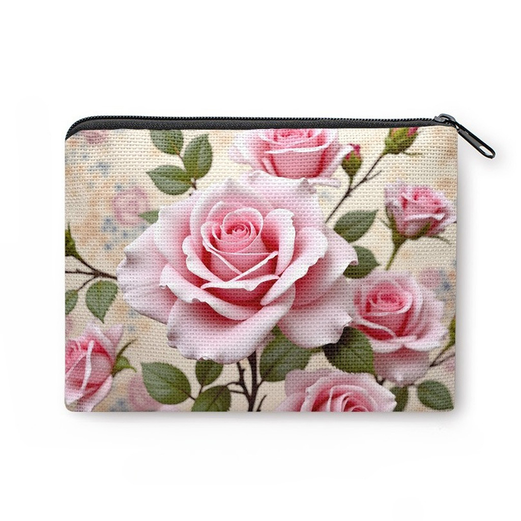 TEMU 1pc Pink Rose And Green Leaf Material Cosmetic Pouch, Coin Purse, Zipper Closure, Small And Portable Key/earphone/coin Storage Bag, Convenient