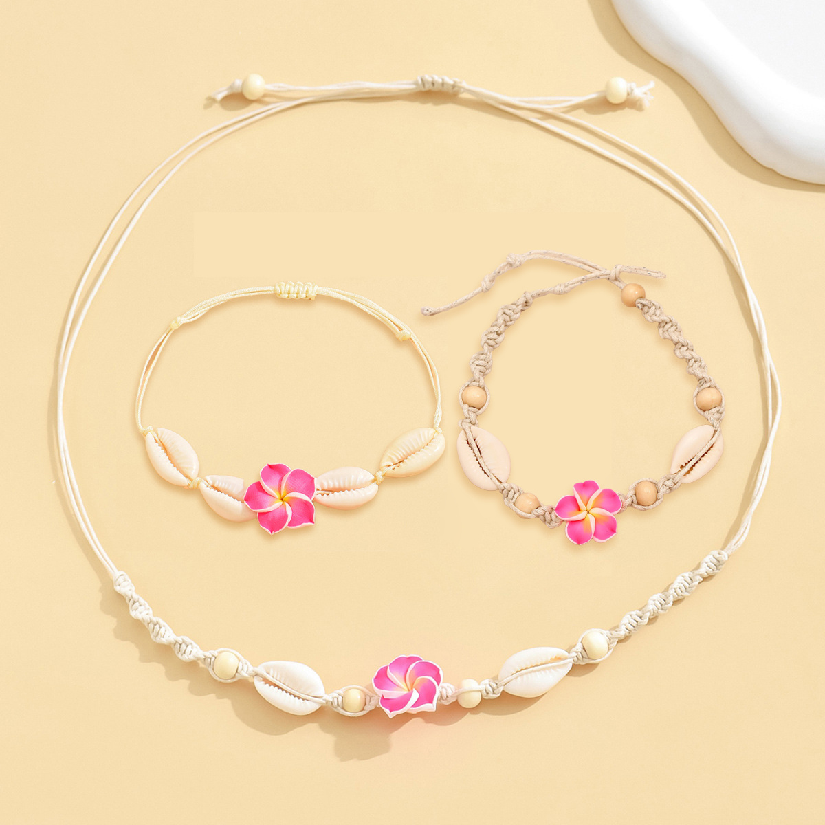 3pcs Bohemian Woven Jewelry Set Adjustable Chic Pink Flower Clavicle Necklace Vintage Beach Bracelet & Ankle Chain Jewelry Set