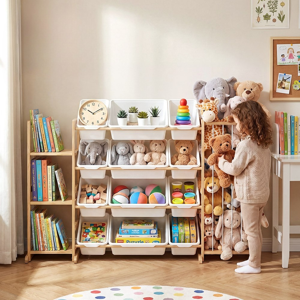 TEMU Wood Kids With 3-tier Shelves & 12 Removable Bins - Large Stuffed Animal Shelf Suitable For & Room Organizer, Furniture, Multicolor Wood