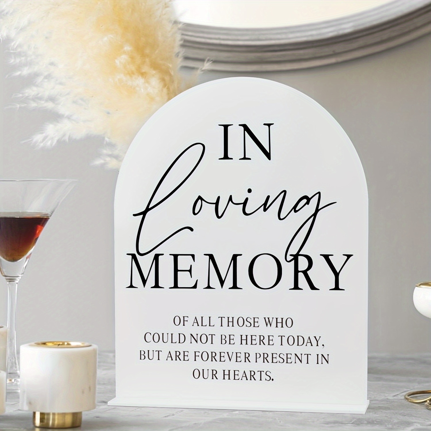 TEMU 2d Flat, 1 Acrylic Memorial Plaque With Stand - White Arched Wedding Keepsake Plaque & Base, 1/8 Inch Thick | Modern Black Block Lettering |