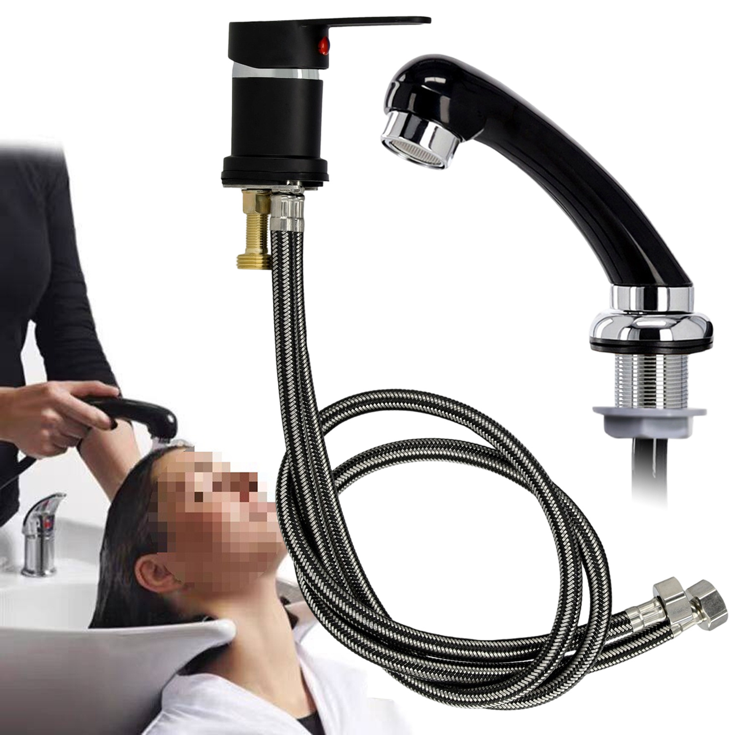 Image of Hair Salon Shampoo Bed Faucet And Flushing Set, Faucet With 60cm Hose + Shower Head With 1.2m Hose, 1/2-inch Connector