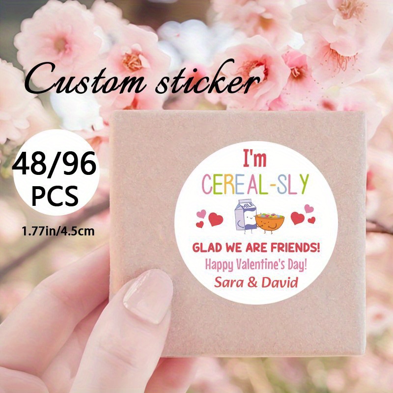 

48/96pcs Personalized Valentine's Day Stickers - Customizable Cereal-themed Stickers For Classroom, School, And Valentine's Gifts - No Feather, Pp Material