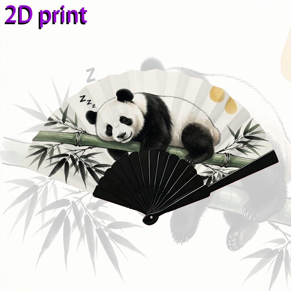 TEMU Un éventail pliant Panda qui dort paisiblement sur du bambou, un ventilateur de refroidissement portable adapté à l'été, aux festivals de