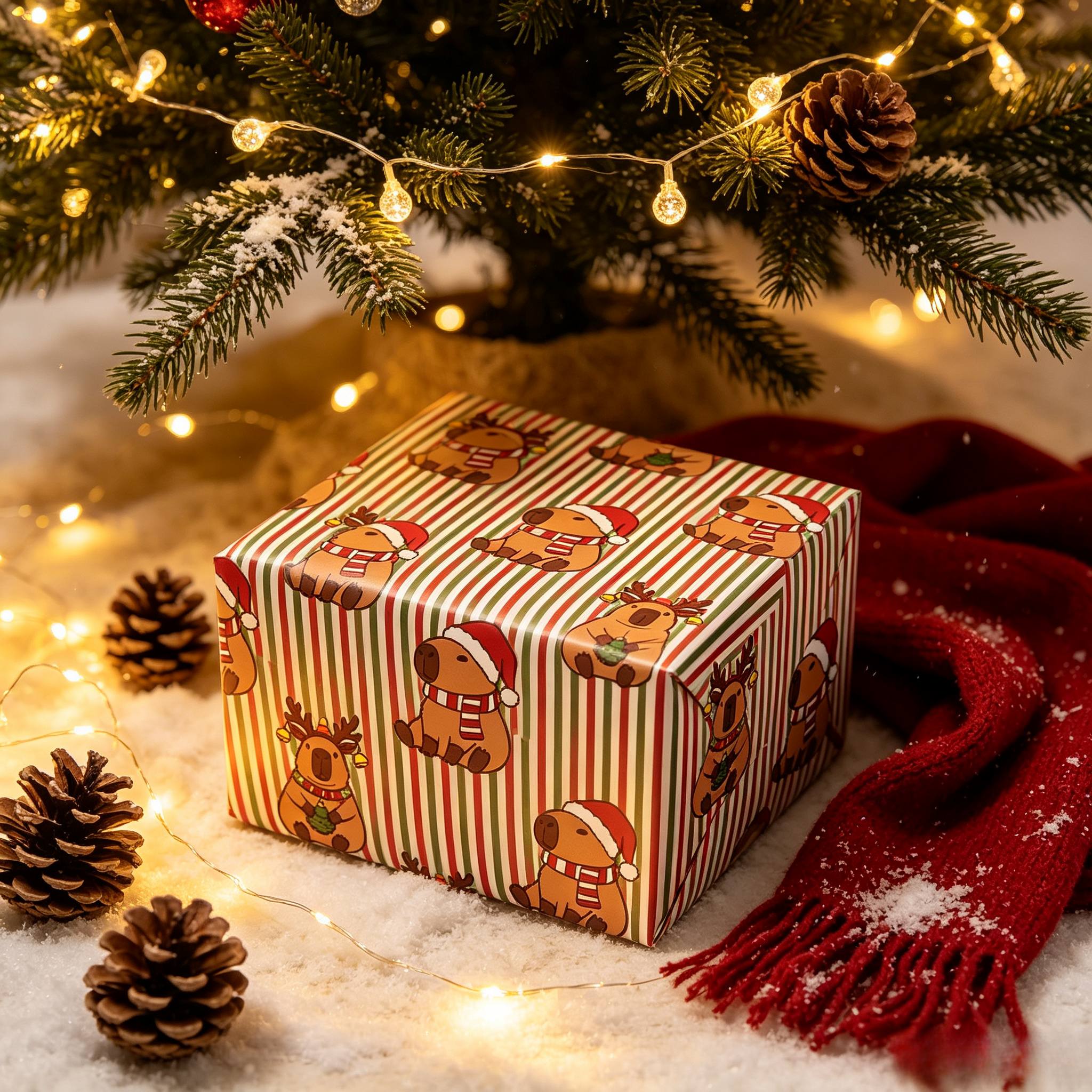 TEMU 1 Rolle 17x118 Zoll Weihnachts-Geschenkpapierrolle, gestreifter Hintergrund mit festlichem Cartoon-Nagetier- & Rentier-Design,