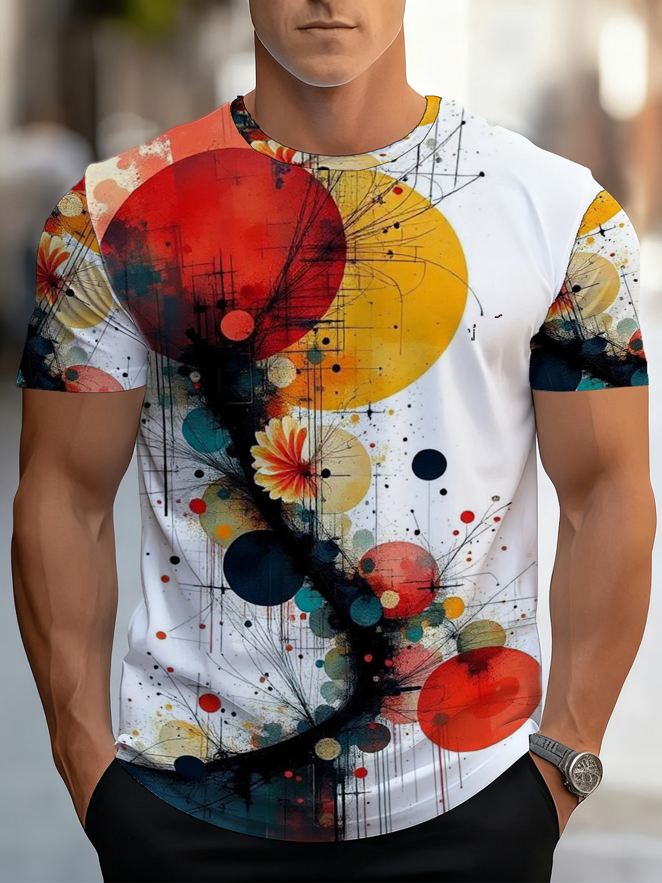 Men's Printed Short-Sleeve T-Shirt- Comfortable Artistic Circular Floral Design, Trendy And Versatile, Suitable for Gyms, Outdoor Activities, Travel Parties And Gatherings, Essential for Sports Enthusiasts, Thoughtful Gift for Family And Boyfriend
