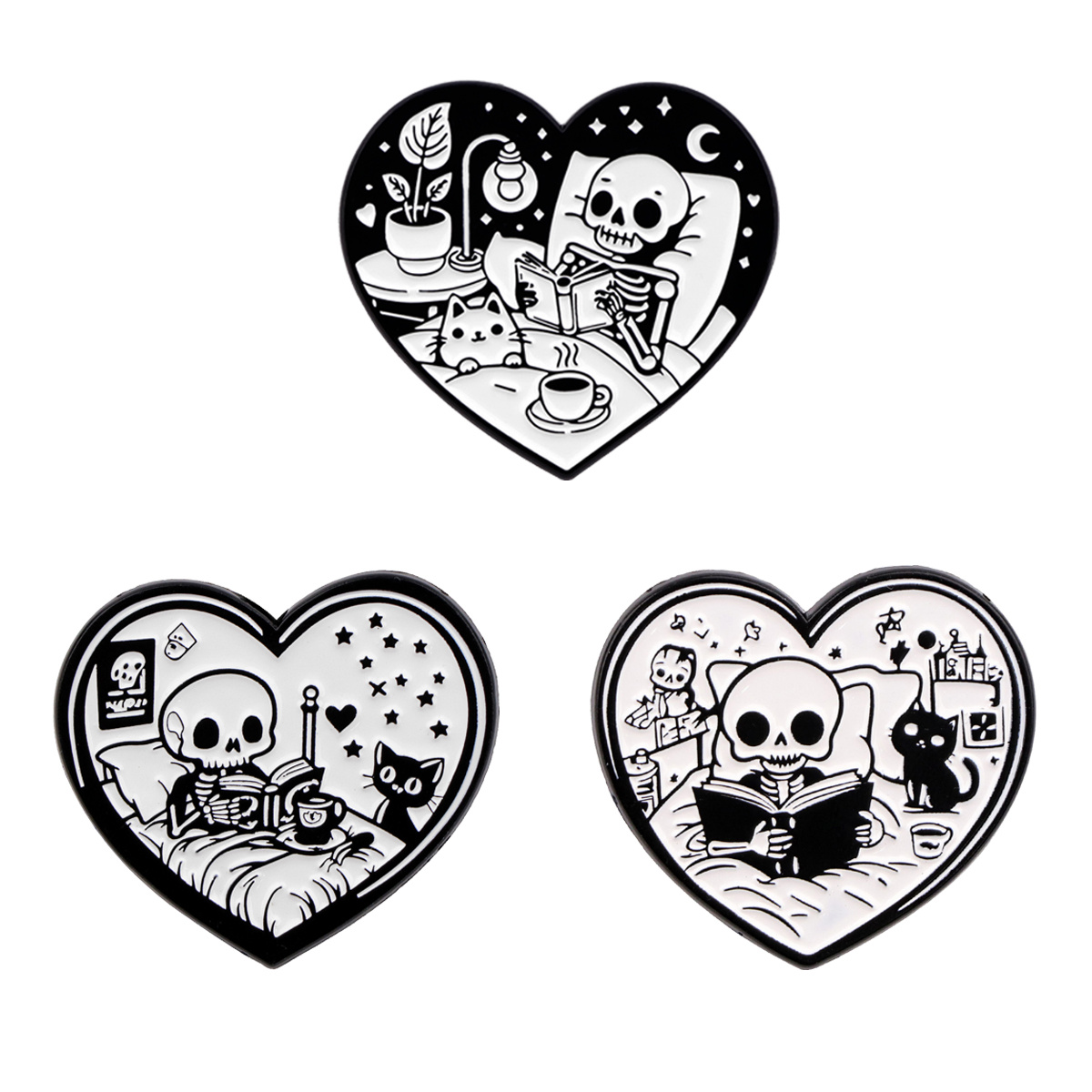 

3pcs Set Skeleton Cat Reading Enamel Pins, Mixed Color Zinc Alloy Brooches For Backpacks And Clothing, Ideal Gift For Cat Lovers