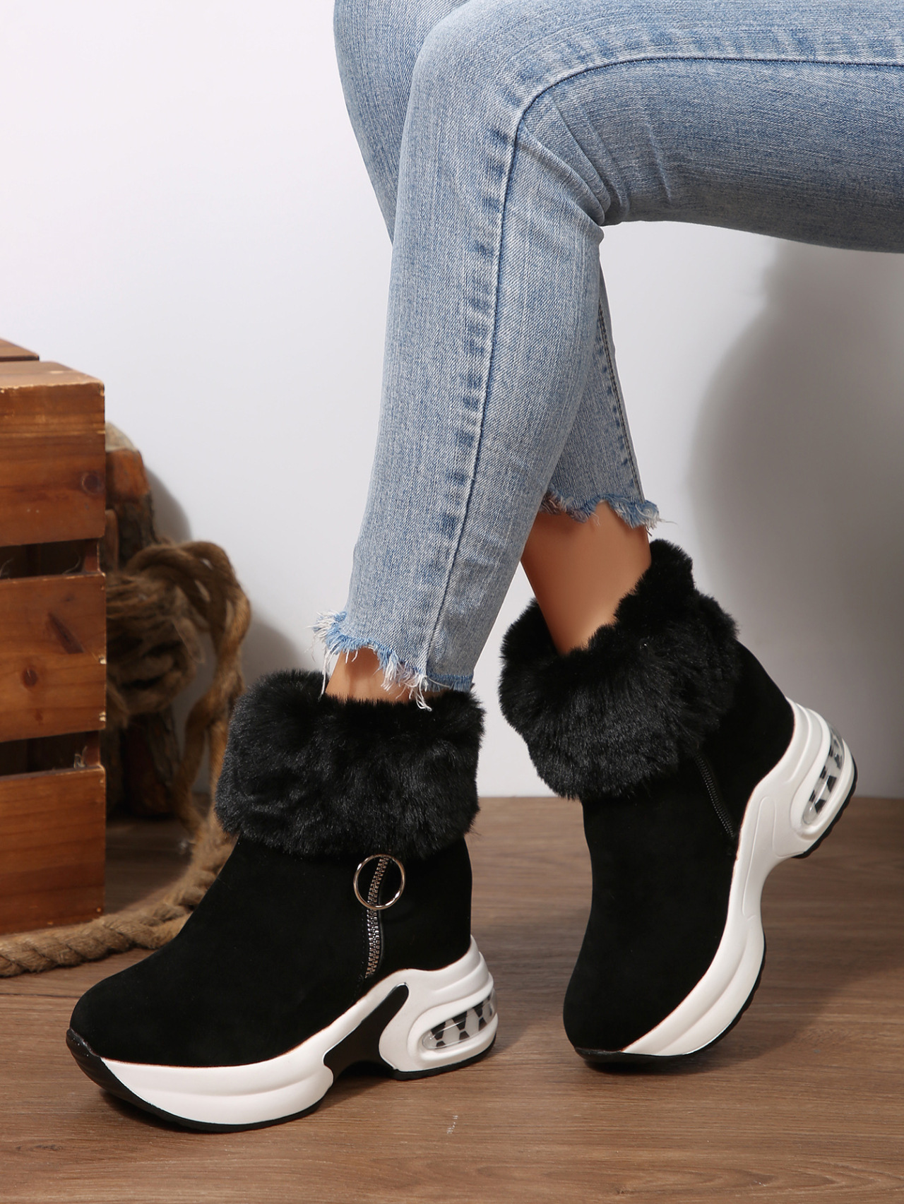女士冬季保暖雪地靴，侧拉链设计，内衬抓绒 - 厚底坡跟，棕色/白色/黑色/灰色 - 防滑PVC鞋底，冷天、雪地及冰面缓震鞋垫 - 韩式冬季鞋，适合日常与正式装扮