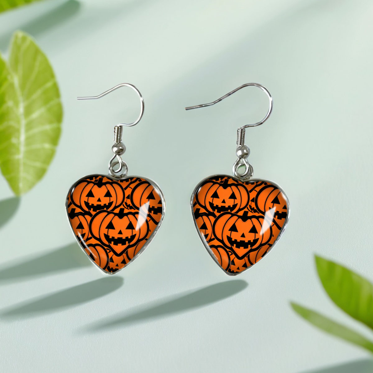 Jack-O'-Lantern Pattern Heart Earrings, Unisex