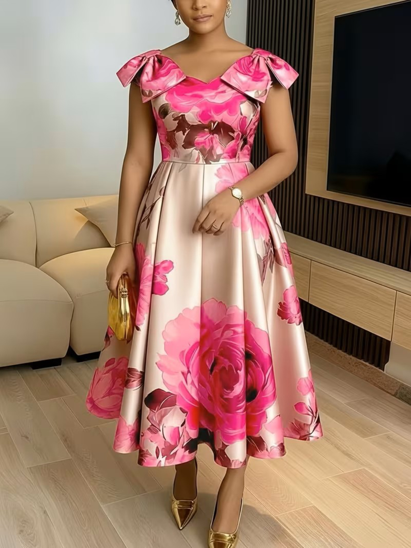 french style orange   print dress womens ruffle collar waist cinching flowy midi for spring   elegant