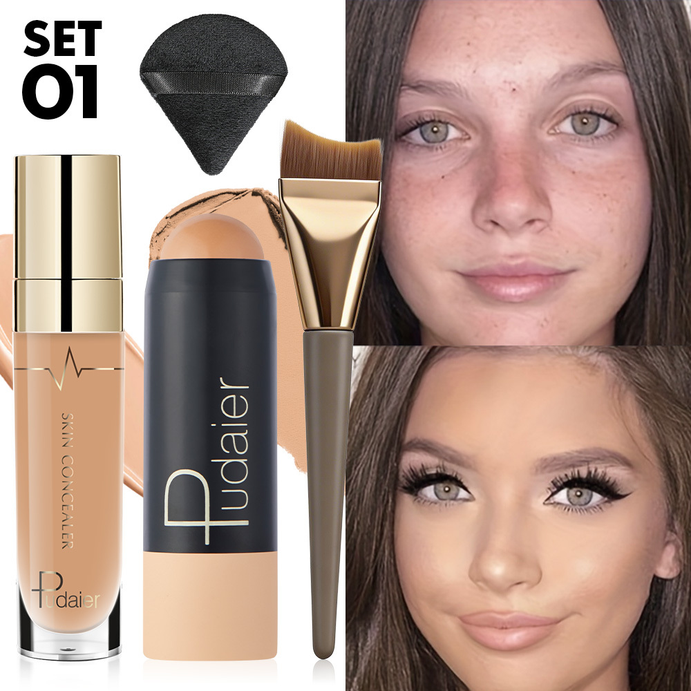 4pcs Full Coverage Foundation Makeup Set: Matte Liquid Foundation + Foundation Stick + Blending Brush + Sponge, Waterproof Long Lasting Face Makeup Kit For Brown Beige