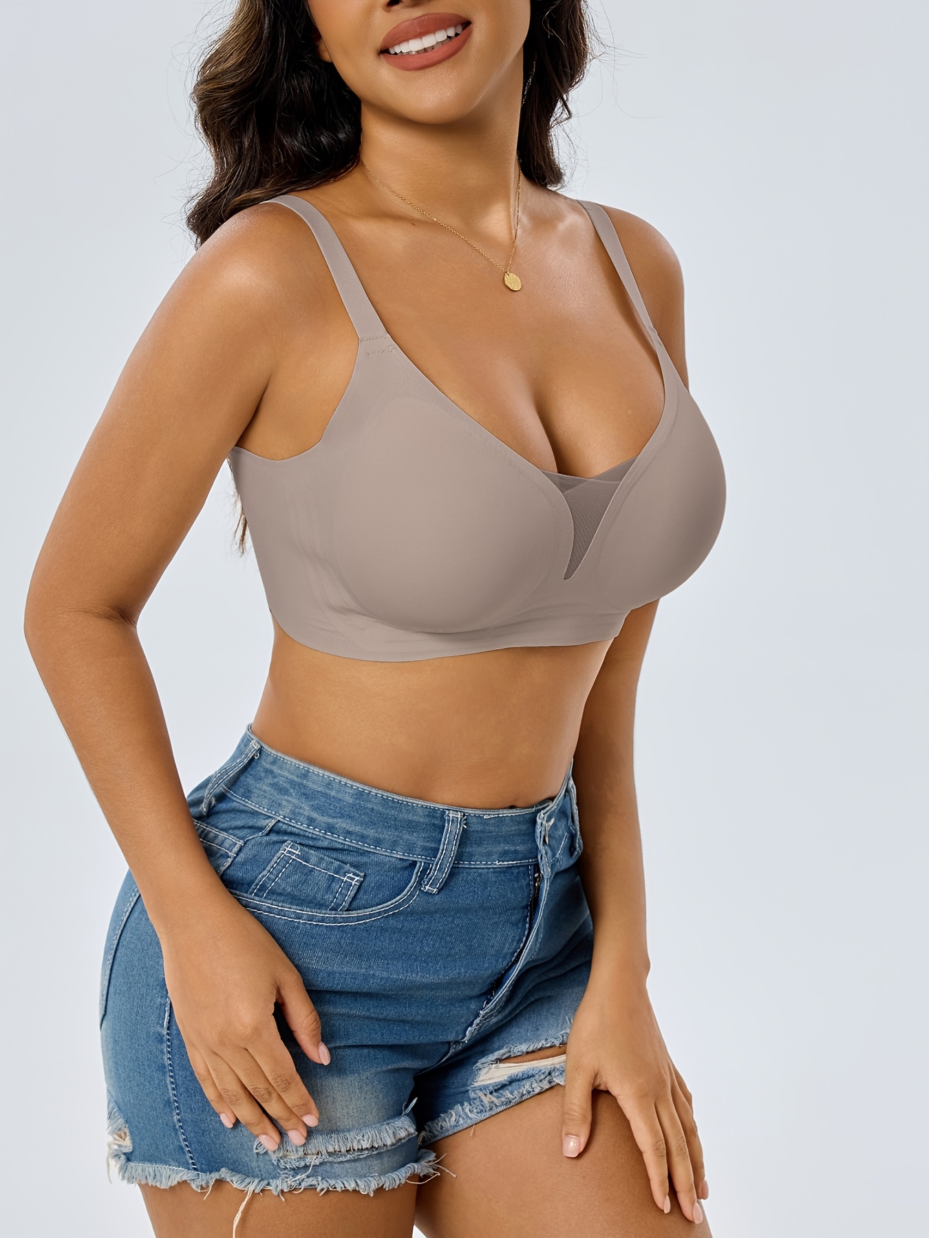 4pcs Women's Seamless Full Coverage V-Neck Bra Set, Comfortable