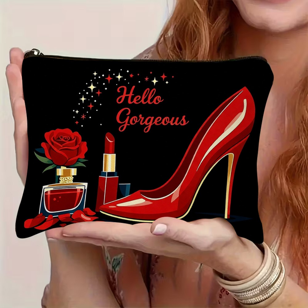 TEMU 1 pz. Trousse per trucco 2D piatta con stampa "", tacco , , rossetto e motivo a rose su sfondo , resistente custodia per articoli da toeletta in